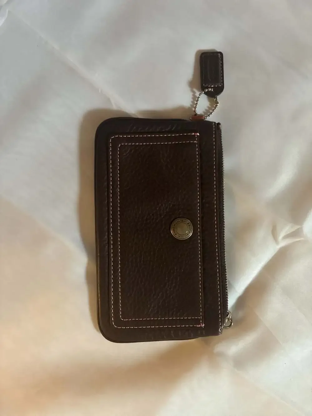 Coach Est. 1941 Brown Pebbled Leather Zip Wristlet with Pink Stitching